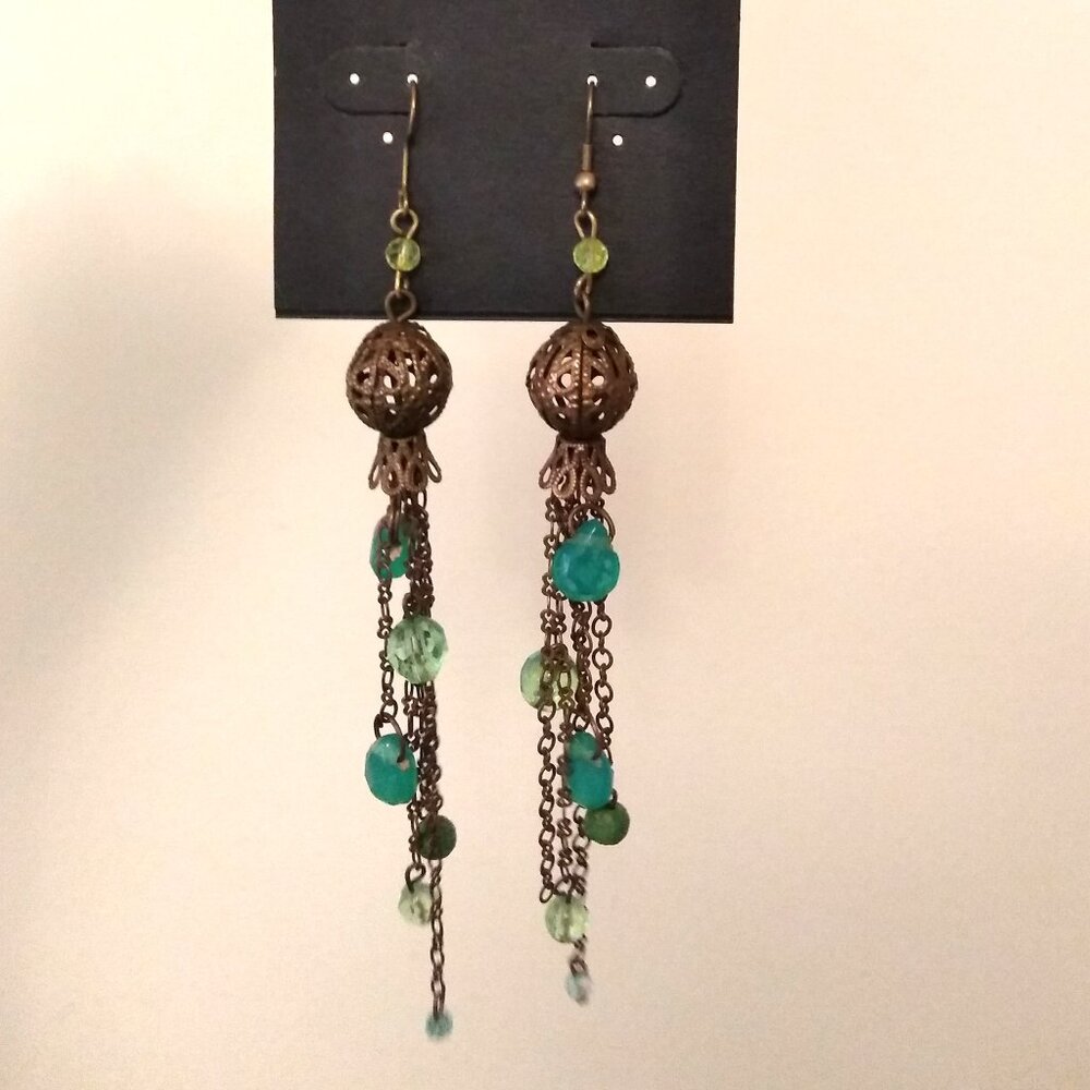 Vintage Teal Blue Beads Brass Dangle Drop Earrings Timeless VTG Jewelry